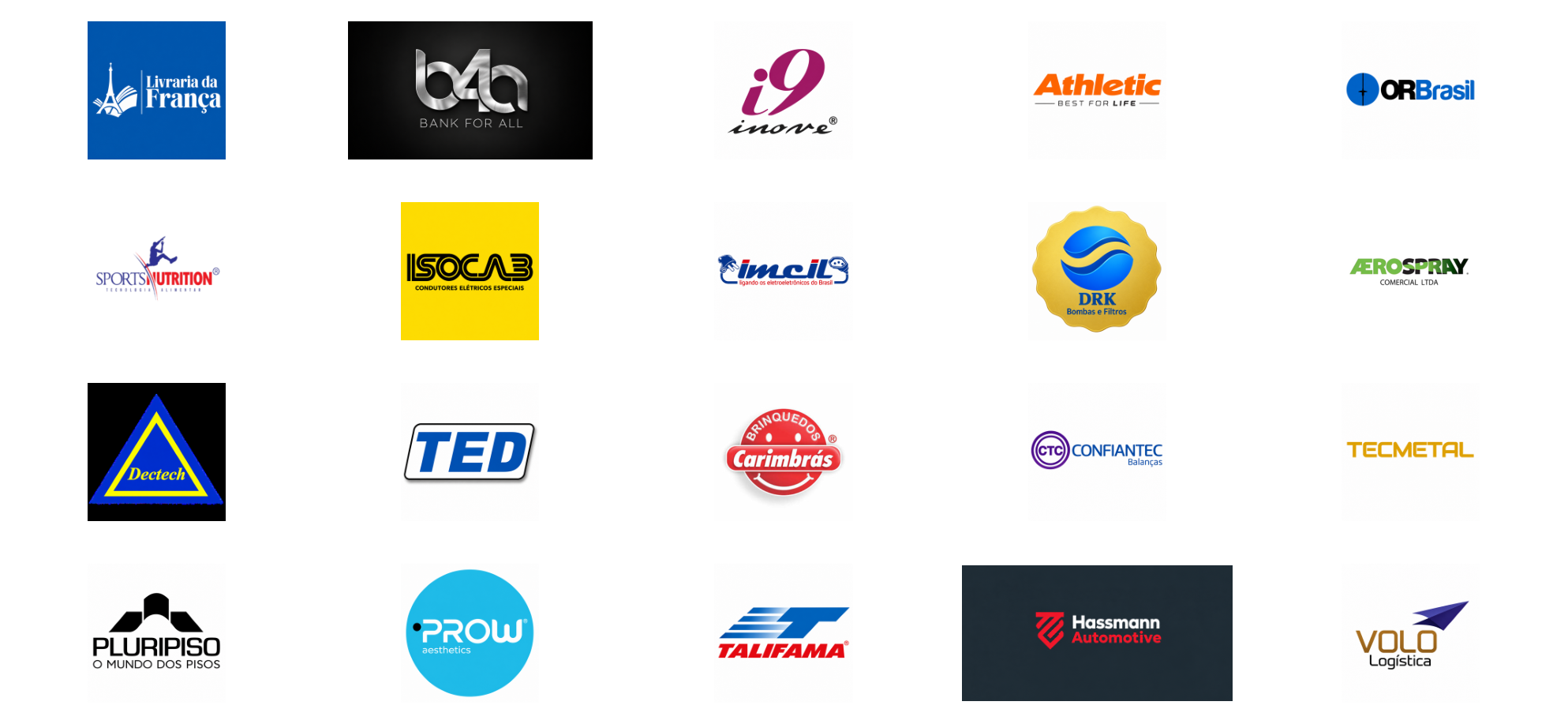 Logos de clientes do Save ERP, entre eles Livraria da França, Hassmann Automotive, DRK Bombas e Filtros, Carimbrás e Talifama